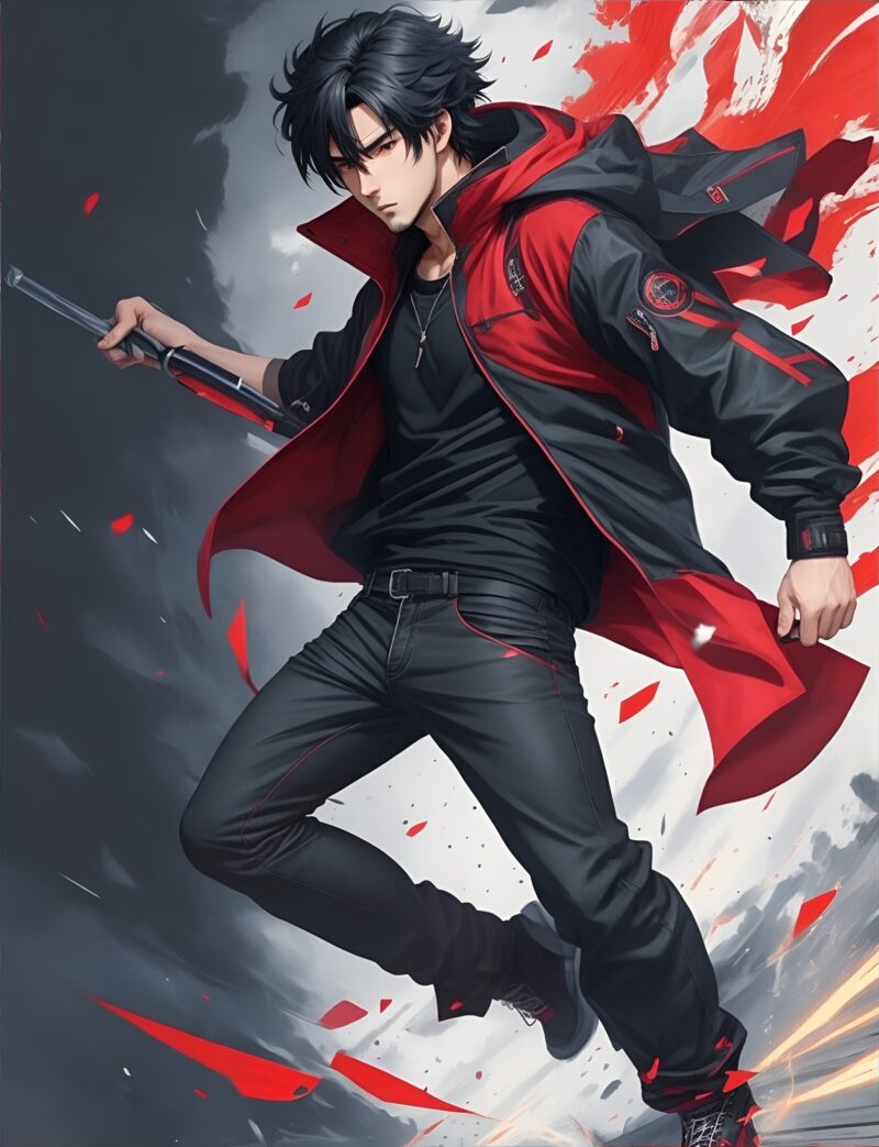 黒いシャツと赤と黒のジャケット