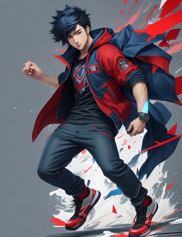 黒いシャツ、赤と青のジャケット
