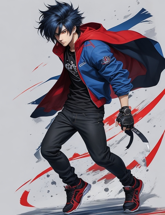 黒いシャツ、赤と青ジャケット